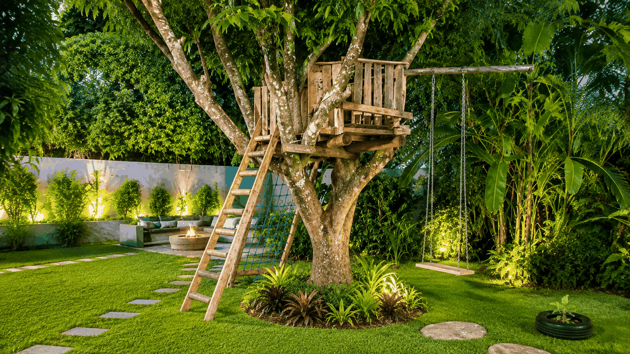 Casa na árvore iluminada no quintal da Casa Amélia